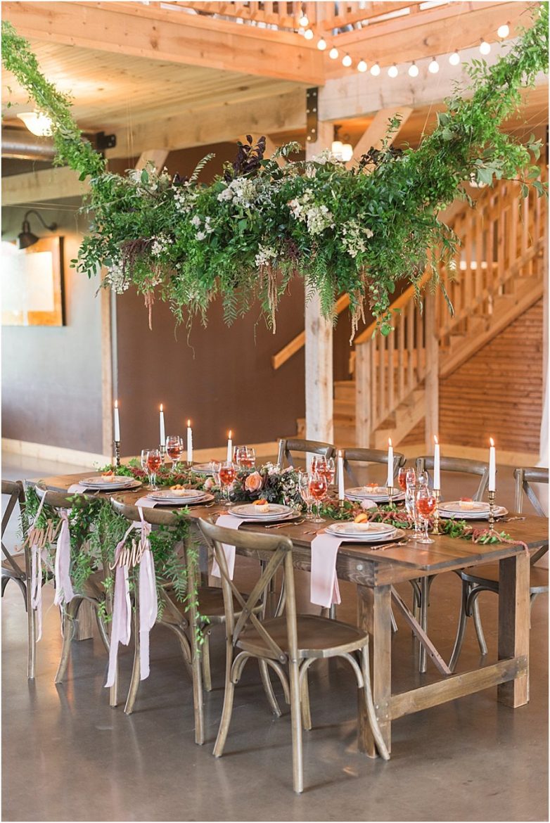 summer wedding table design hanging floral installation