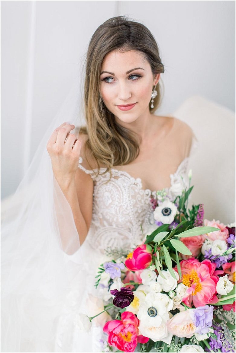 Bride, Cathedral Veil, Bridal portrait, spring bouquet, colorful bright flowers