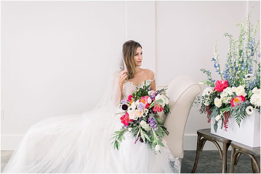 Bridal portrait, chaise lounge, bright floral, editorial