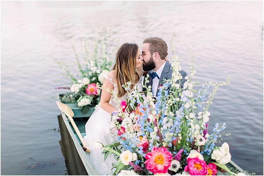 Bright Preppy Garden Wedding couple in boat, lake